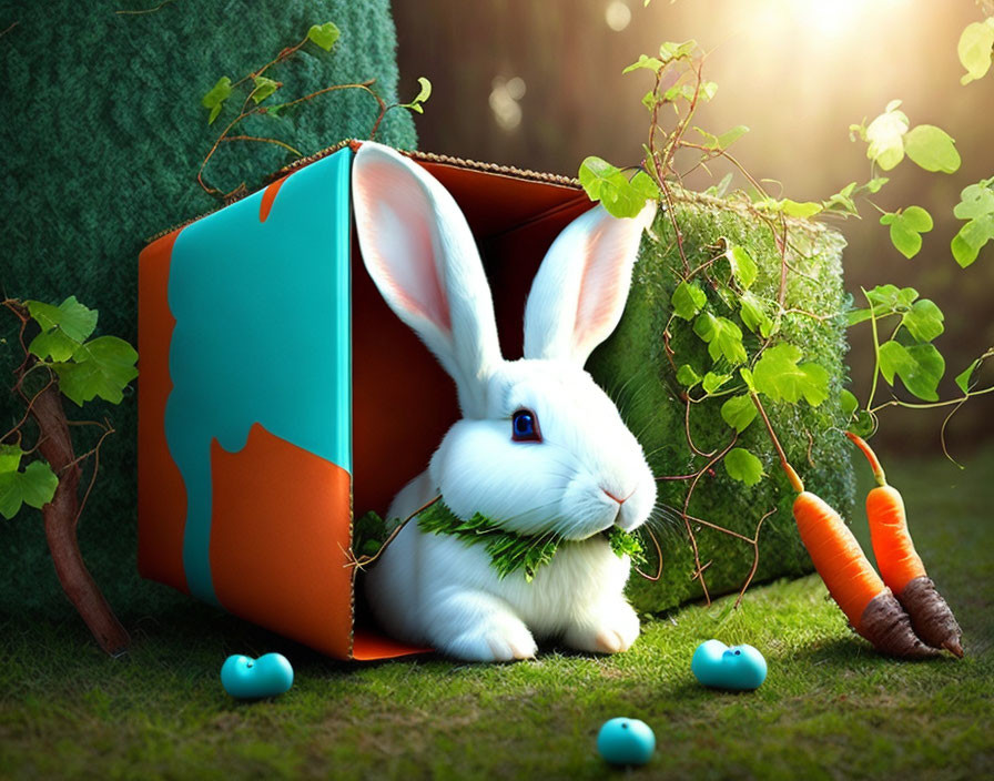 White Rabbit with Blue Eyes Near Overturned Suitcase in Sunny Setting