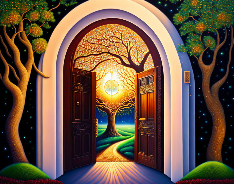 Colorful artwork: open door to magical tree under glowing moon, whimsical terrain, starry sky