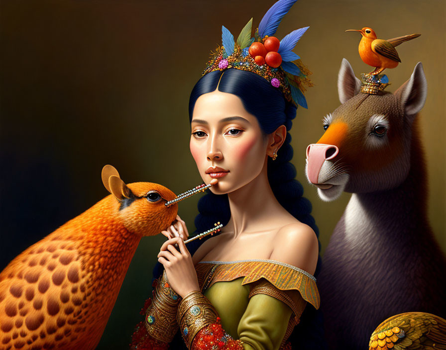 Stylized portrait of woman with ornate jewelry and fantastical animals