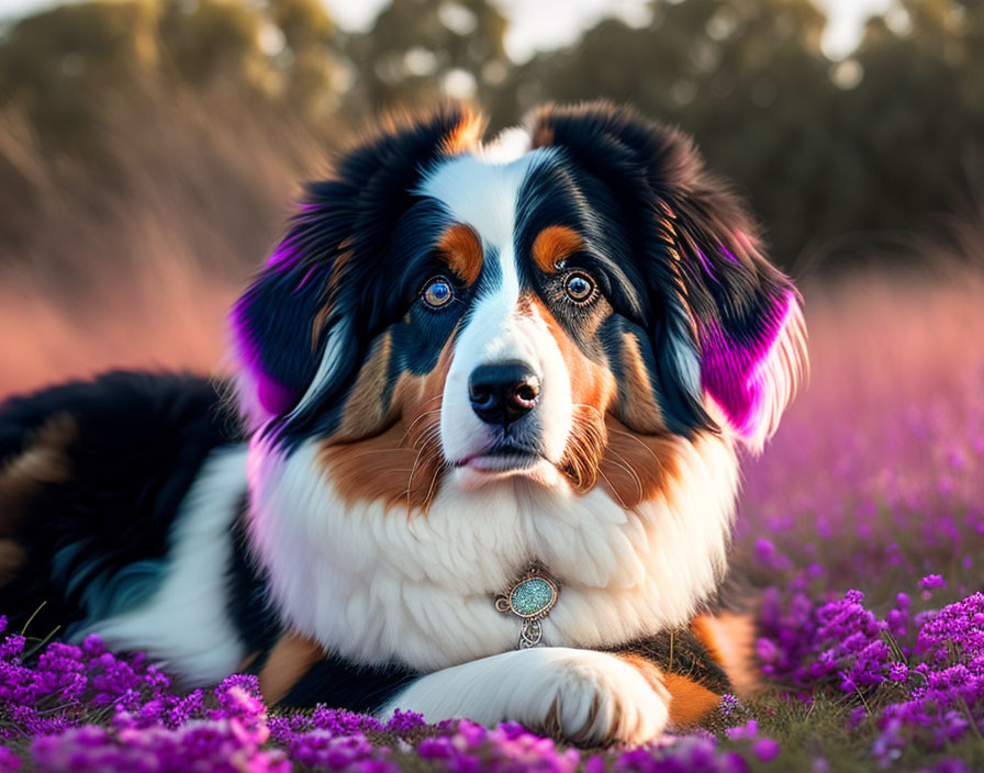 Multicolored Australian Shepherd Dog with Pendant in Purple Flower Field