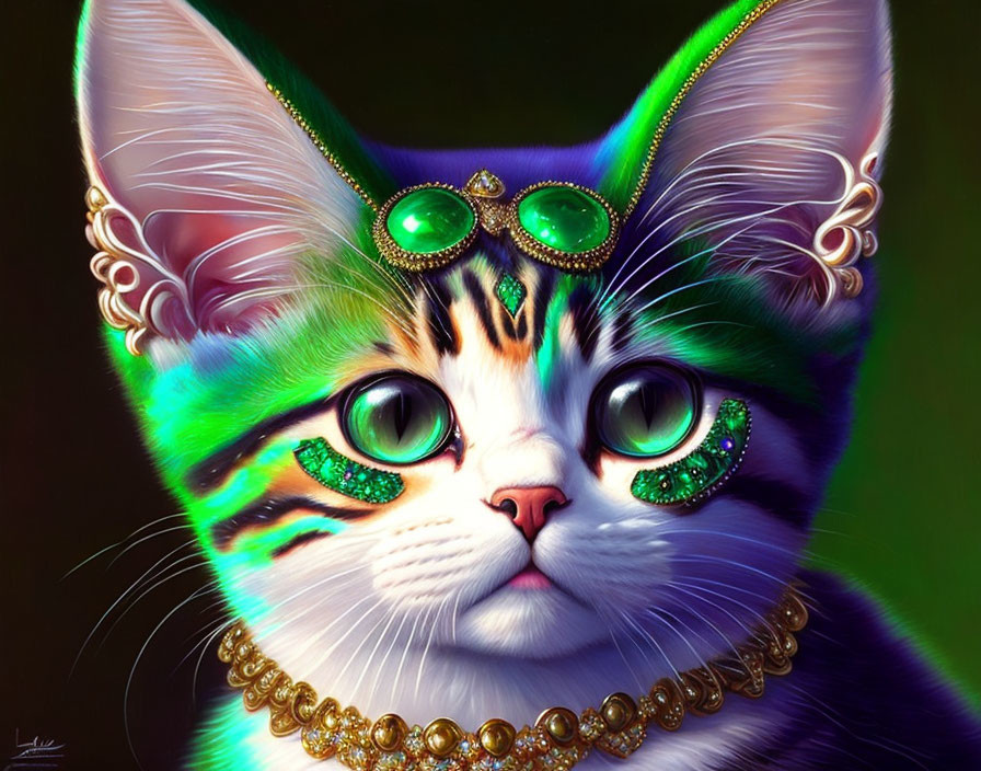 Multicolored fur cat with green jewels and gold necklace portrait