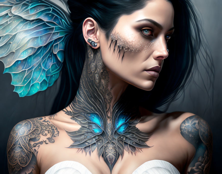 Digital art portrait featuring woman with winged-themed tattoos and blue butterfly wing.