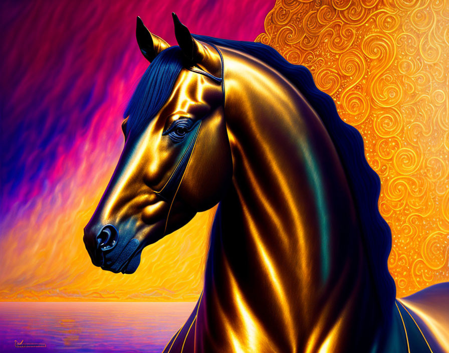 Stylized horse art: golden coat on colorful backdrop