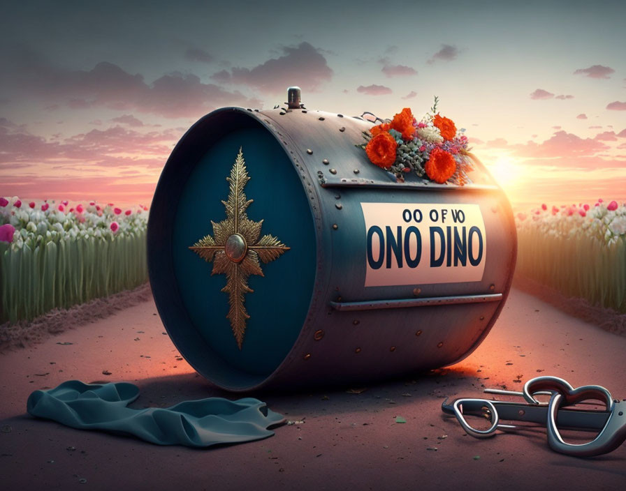 Decorative barrel with "ONO DINO" text, sunset backdrop, flowers, glasses, and st