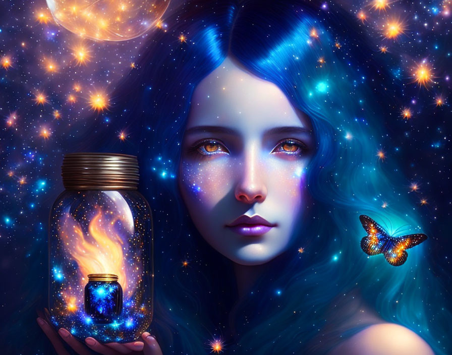 Surreal illustration of woman with cosmic blue hair and glowing nebula jar surrounded by stars and butterfly