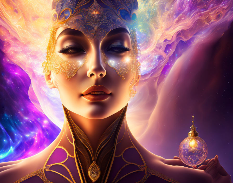 Mystical woman with golden headpiece and orb on cosmic background