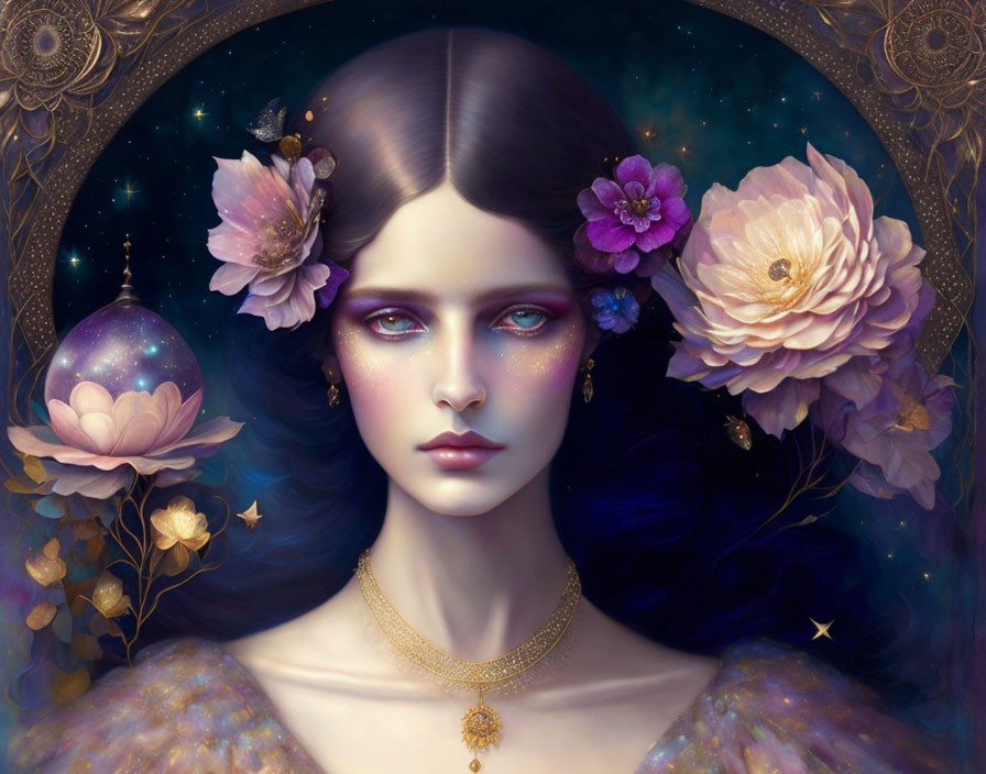 Fantasy portrait of a woman with cosmic elements and vibrant flowers.