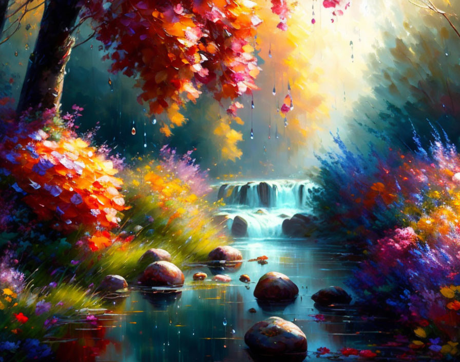 Colorful Forest Painting with Waterfall and Sunlight Through Autumn Foliage