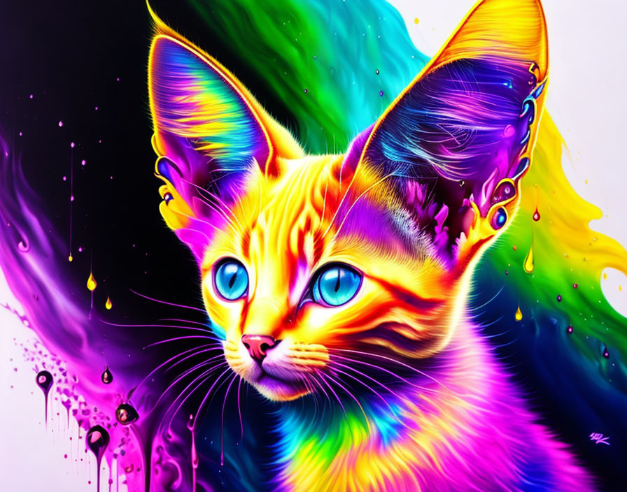 Colorful digital cat artwork with spectrum and paint splatter effects