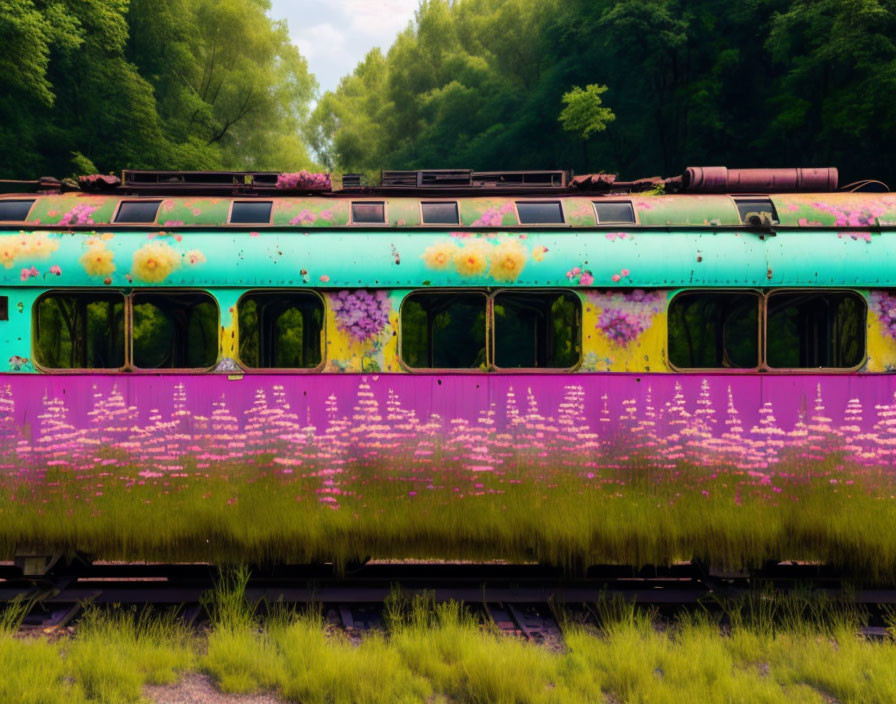 Vibrant floral-patterned train on lush green tracks