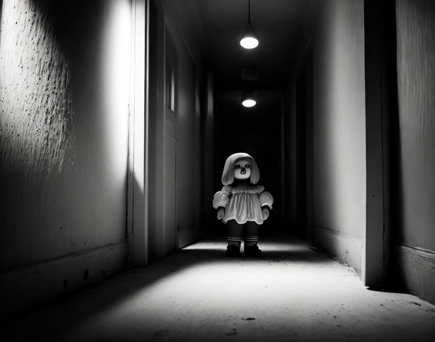 Eerie doll in dimly-lit corridor with haunting shadows