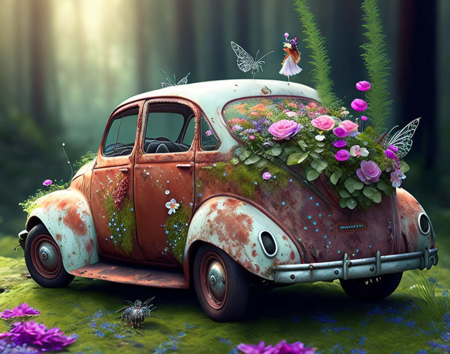 Rusty Volkswagen Beetle with flowers, fairy, and butterflies