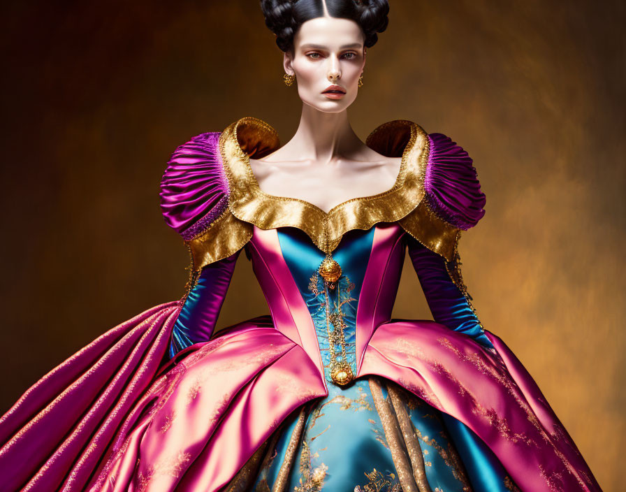 Victorian-style dress with bold colors and gold accents against golden backdrop