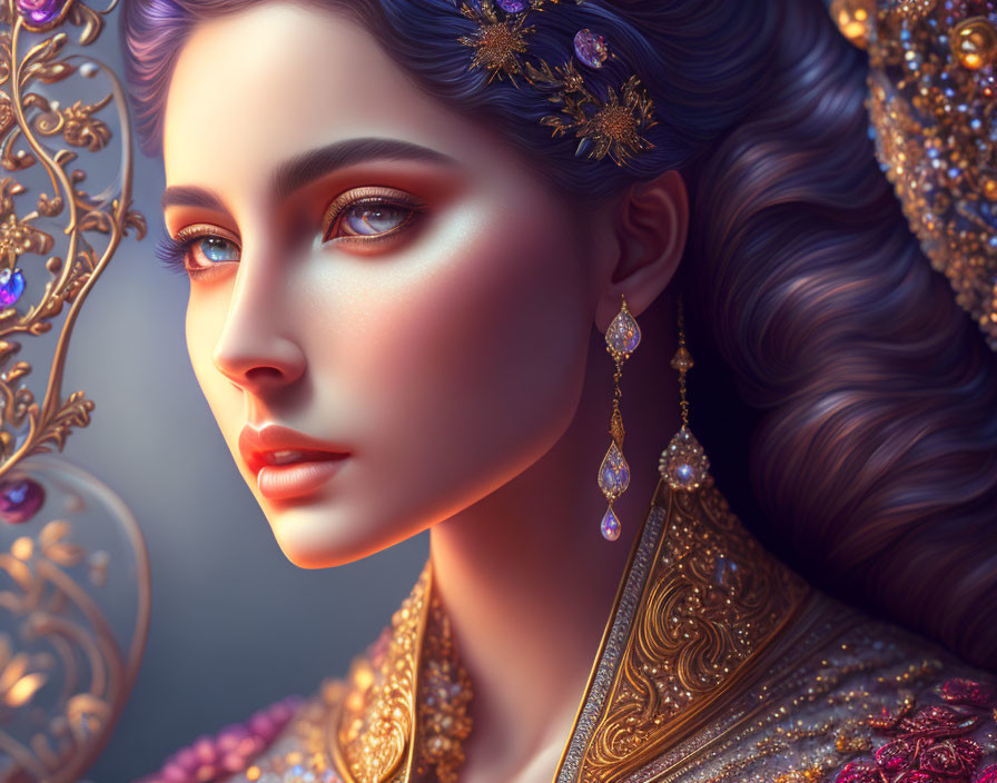 Detailed Portrait of Woman in Ornate Gold Jewelry and Purple Floral Accents