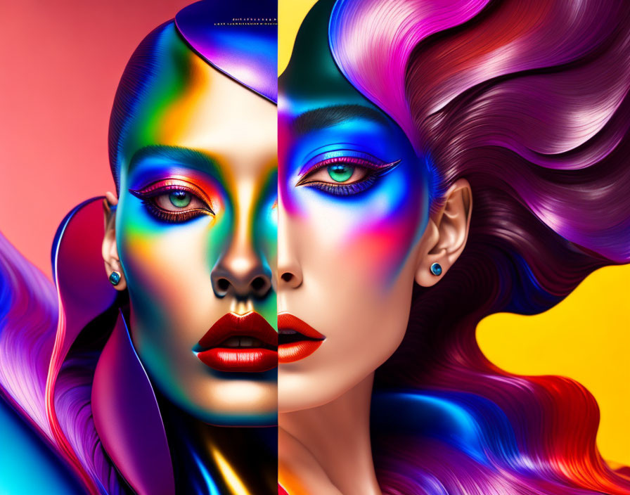 Vibrant multicolored makeup and flowing hair portraits.