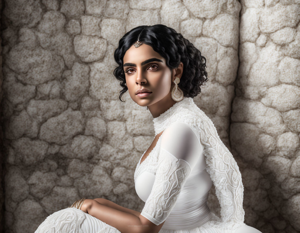 Dark-haired woman in white lace attire and intricate updo against beige backdrop