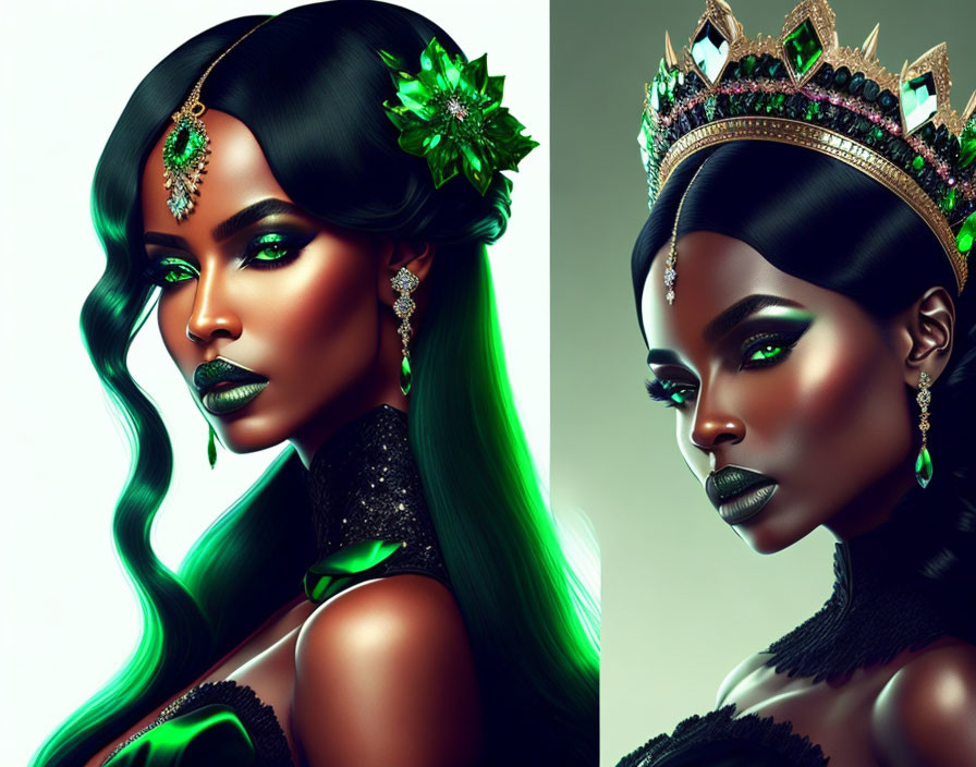 Digital artwork: Woman with striking green eyes, jeweled headpiece, elegant makeup, regal expression