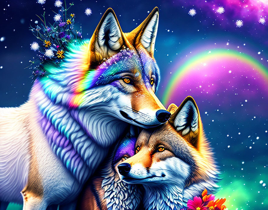 Colorful digital art: Two stylized wolves in cosmic scene with stars, rainbow, and flowers.