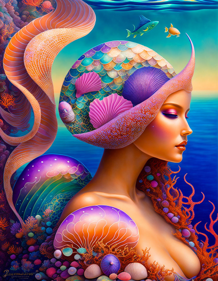 Colorful Mermaid Illustration with Sea Life Headdress in Vibrant Underwater Scene