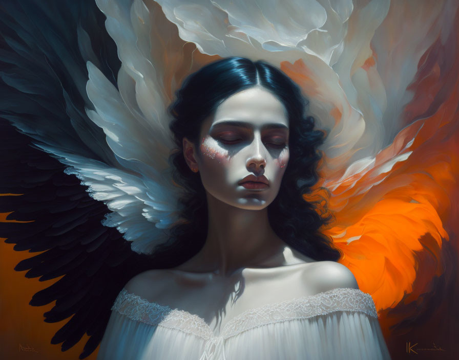 Dark-haired woman with white wings in fiery, feathered backdrop