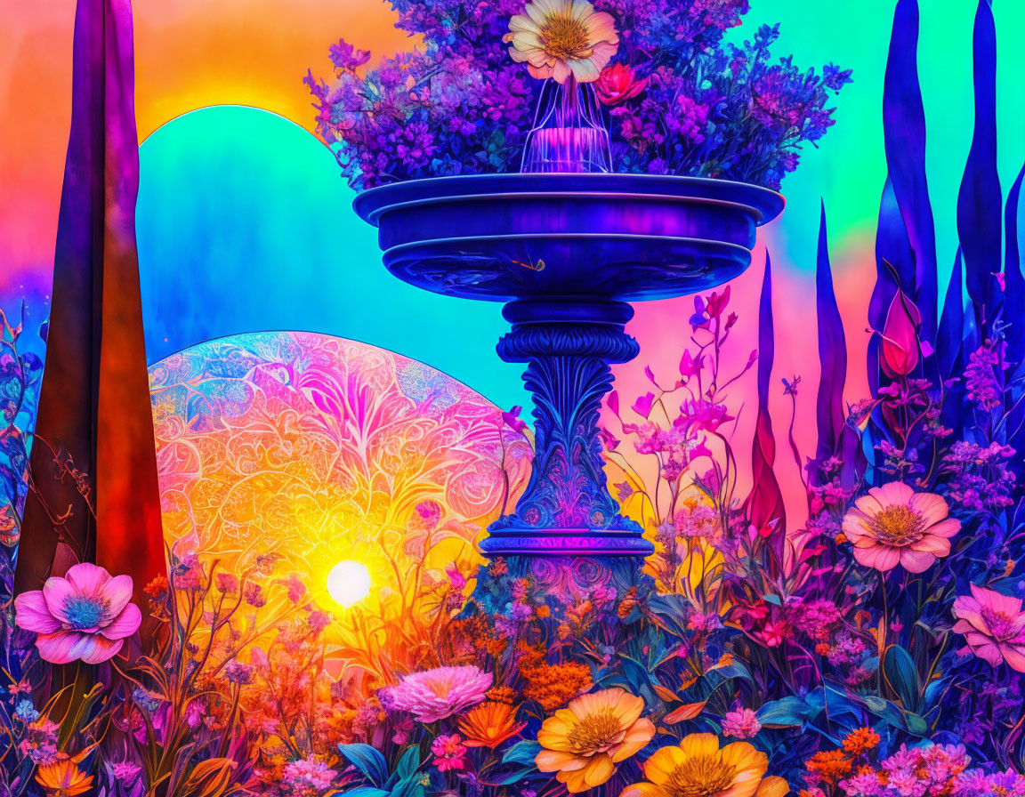 Colorful garden scene with blue fountain and psychedelic backdrop