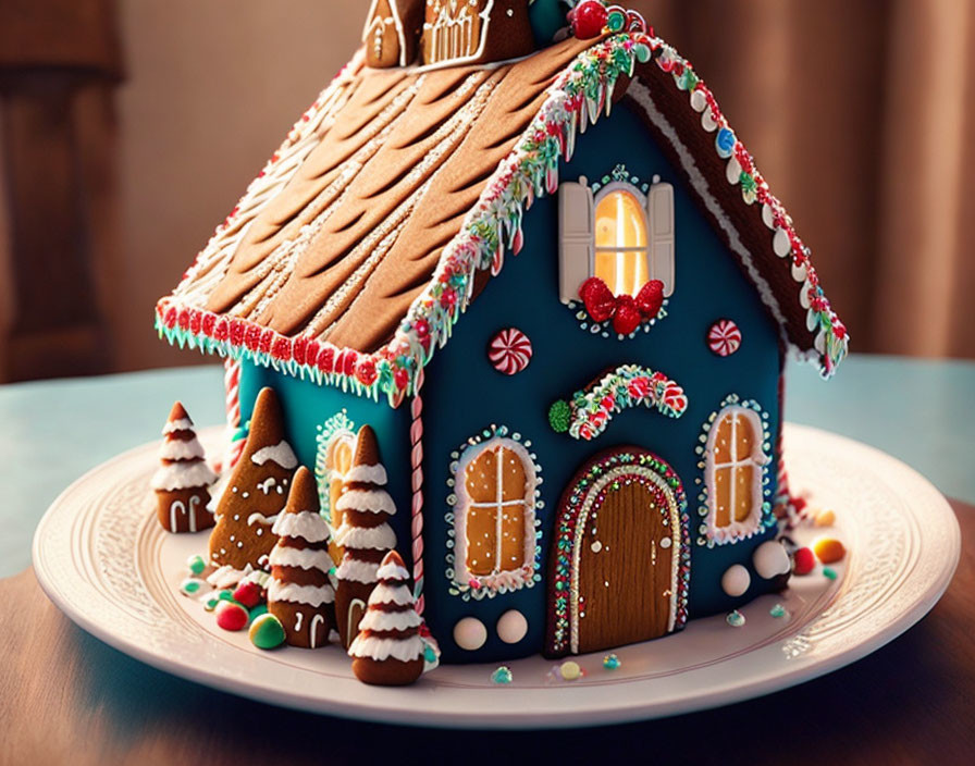 Colorful Gingerbread House with Shingled Roof and Candy Decorations on Plate