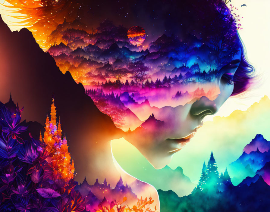 Colorful surreal landscape blending into woman's profile illustration