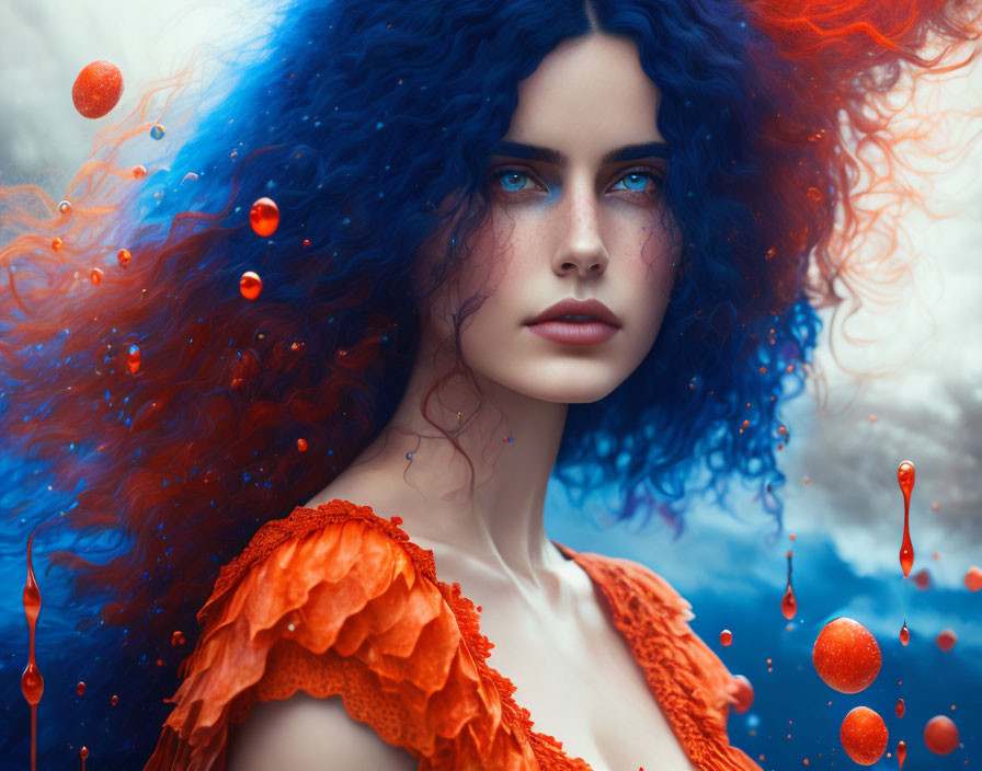 Blue-eyed woman with curly blue hair and red accents on cool-toned backdrop