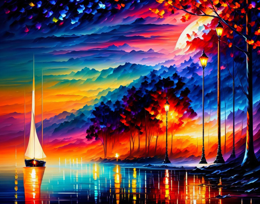 Colorful sailboat painting at sunset with reflective water and vibrant trees.