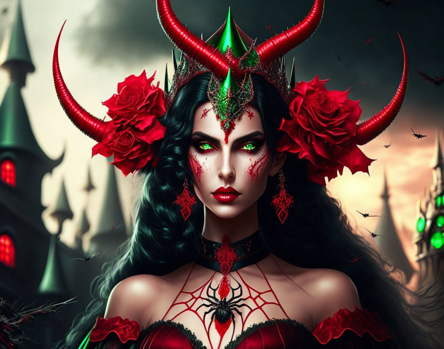 Dark-haired woman with horns and red roses in gothic castle setting