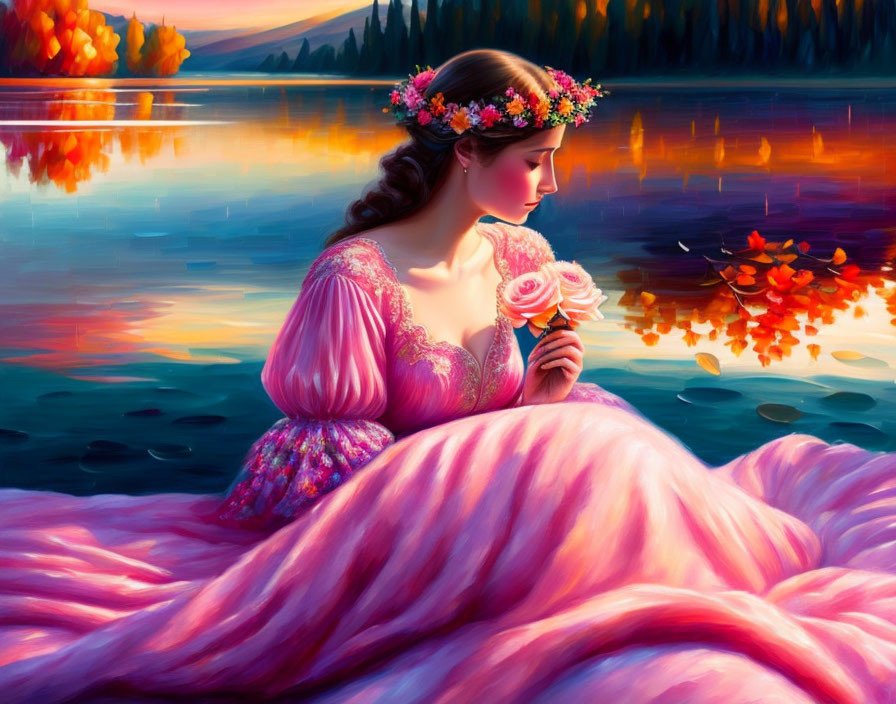 Woman in Pink Dress with Floral Crown by Lake at Sunset with Rose and Autumn Trees Reflections