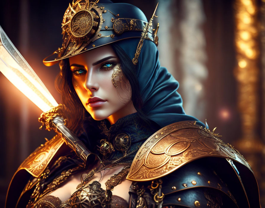 Female warrior in ornate fantasy armor with sword and blue cloak in enchanted forest