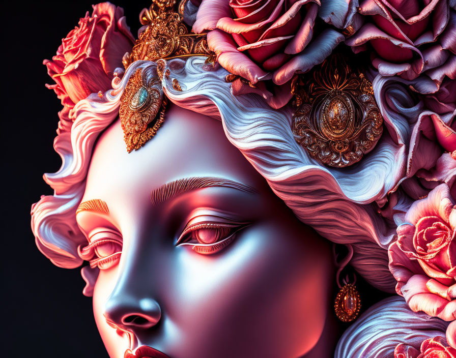 Detailed digital artwork: Woman's serene face with ornate jewelry and vibrant flowers