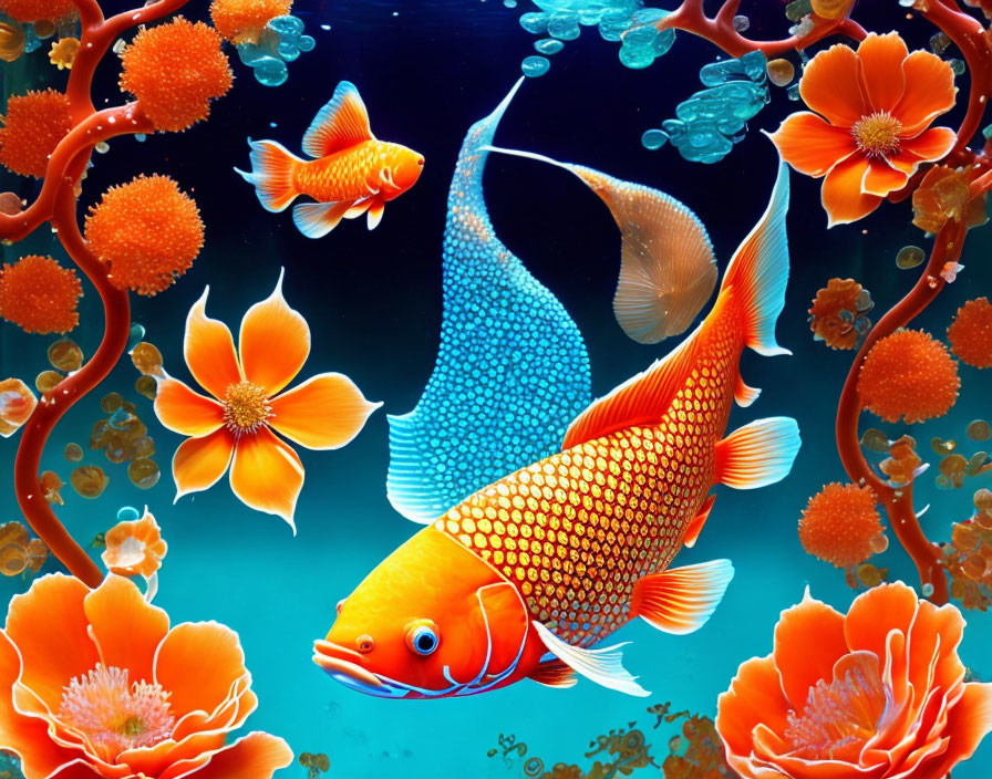 Colorful underwater scene with goldfish, orange flowers, and blue coral