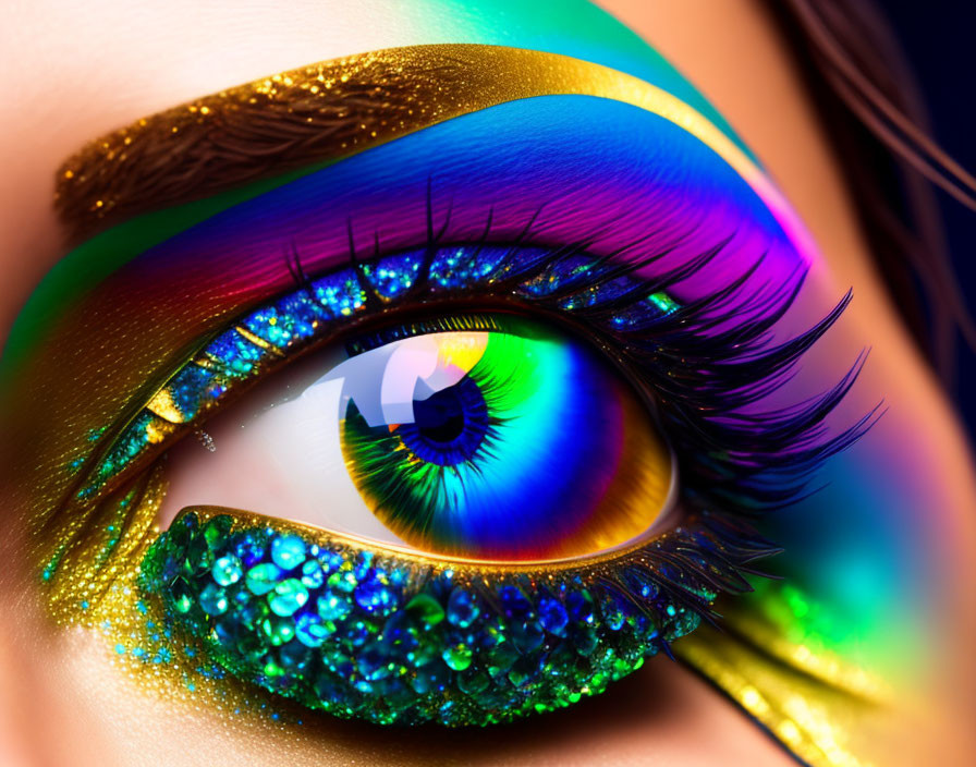 Colorful Rainbow-Themed Eye Makeup with Glittery Blue Liner