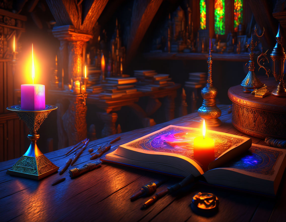 Magical book on wooden table with candles and quill pens in cozy room