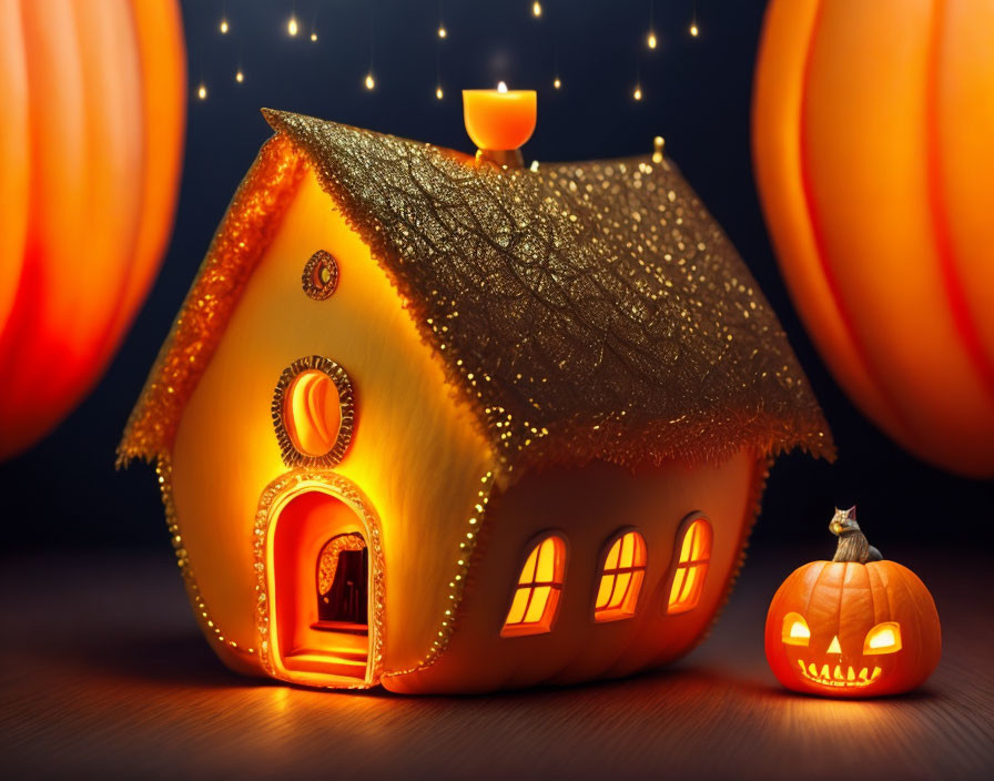 Whimsical Halloween Display: Fairy-Tale Pumpkin House, Glittery Roof, Carved Pumpkin