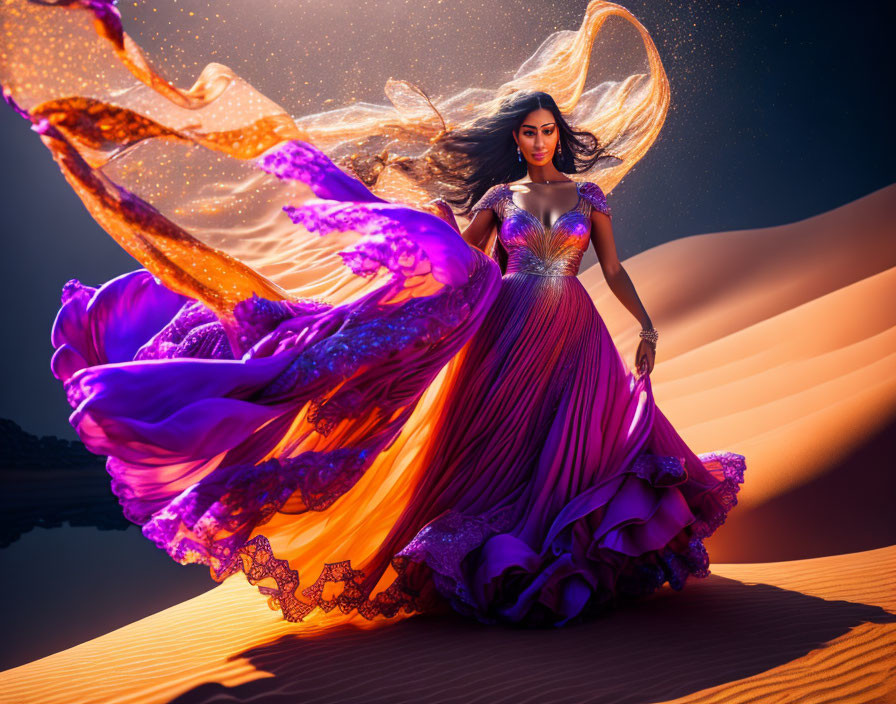 Woman in flowing purple gown on desert at twilight