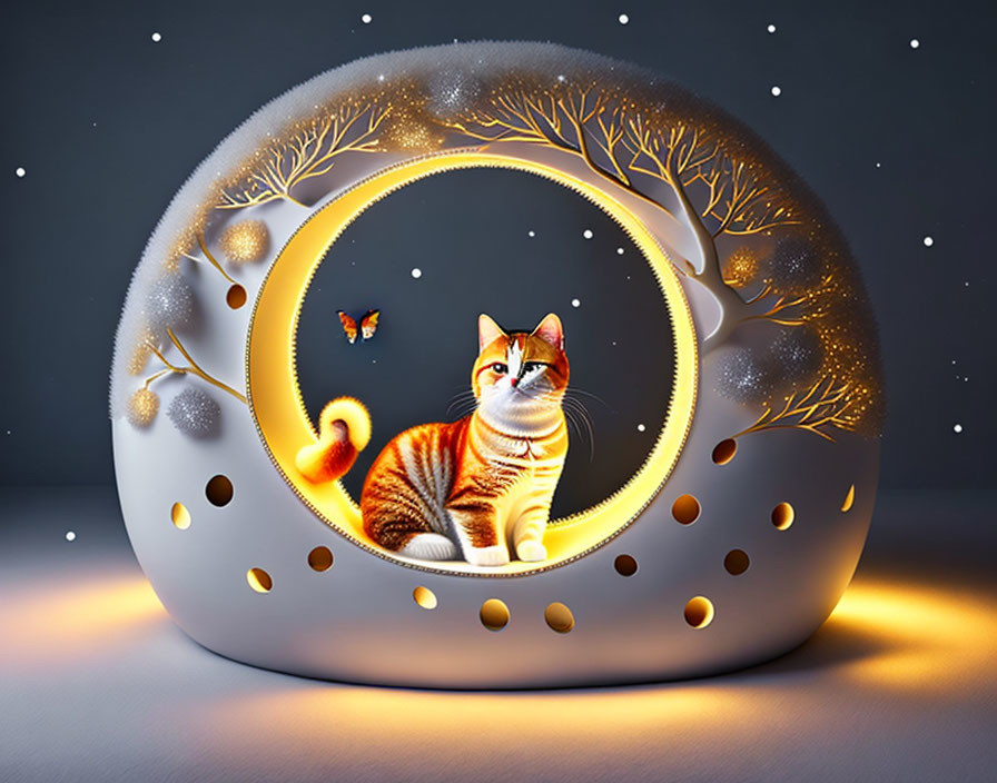 Orange Tabby Cat in Glowing Tree Structure with Butterfly