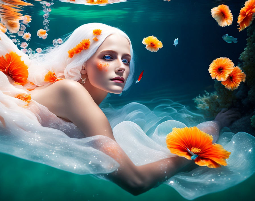 Person with pale skin and blue eyes surrounded by orange flowers and fish in water