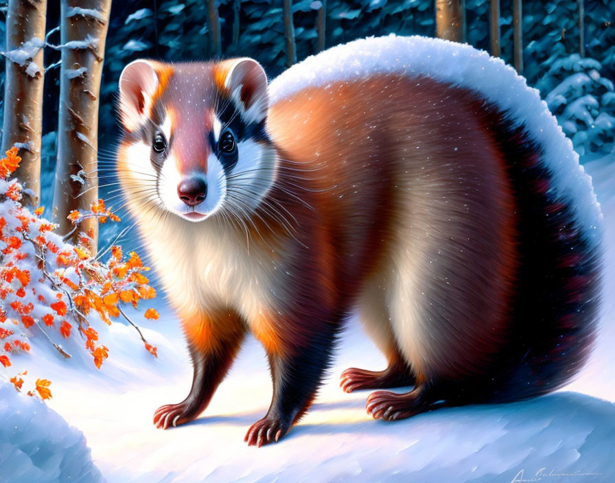 Colorful digital artwork: Ferret in snowy scene with orange leaves