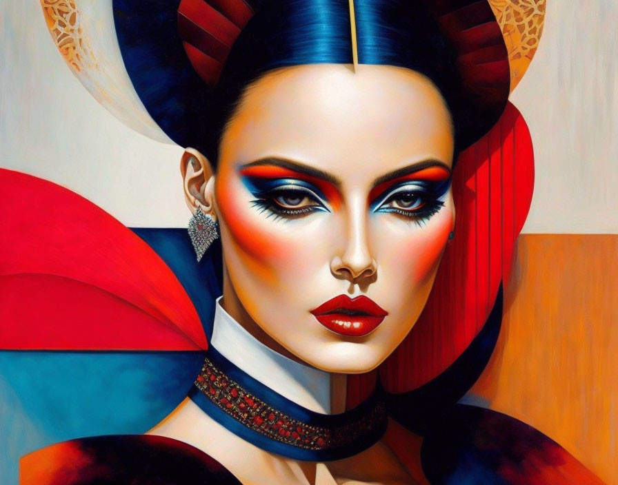 Colorful portrait of a stylized woman with bold makeup and headdress