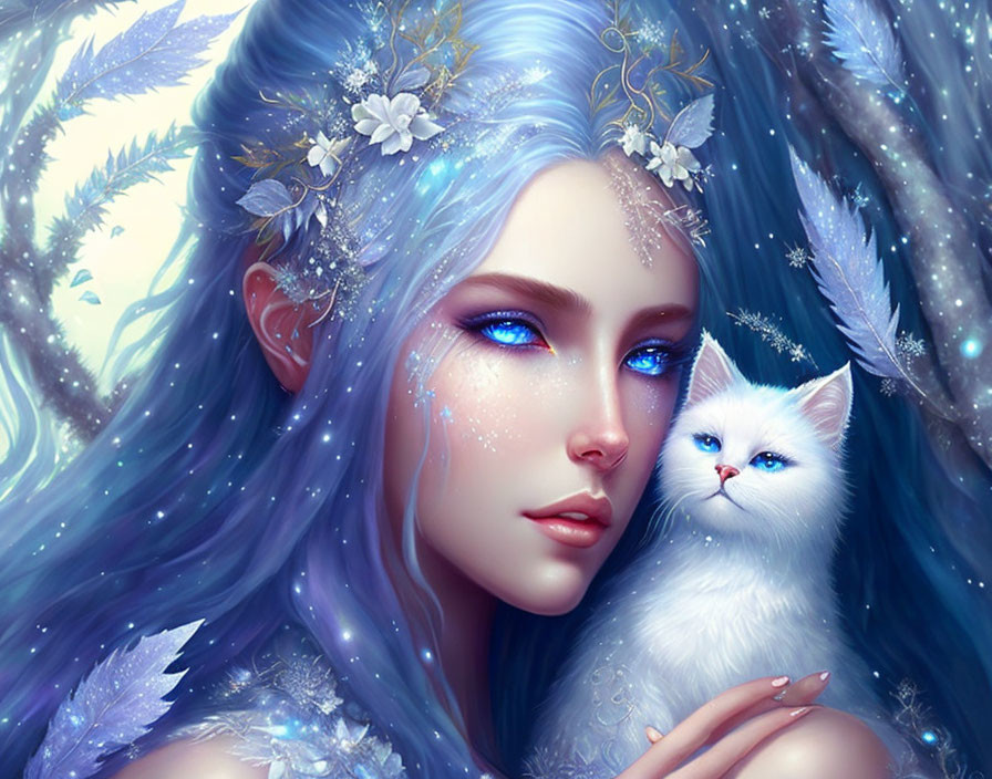 Fantasy portrait: Woman with blue hair and flowers, holding white cat in frosty setting