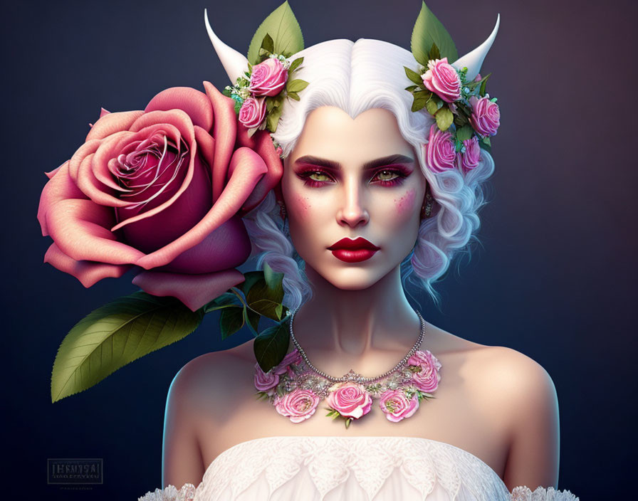 Fantasy digital artwork of pale-skinned woman with horns, white hair, and floral adornments