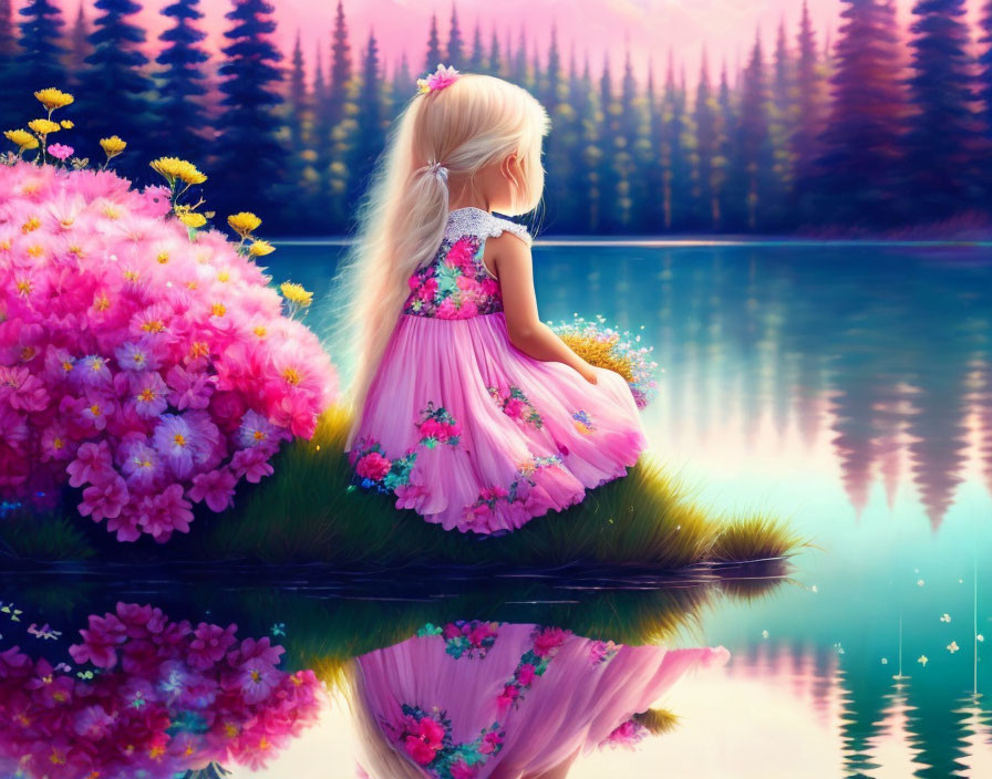 Young girl in pink dress by serene lake with lush surroundings