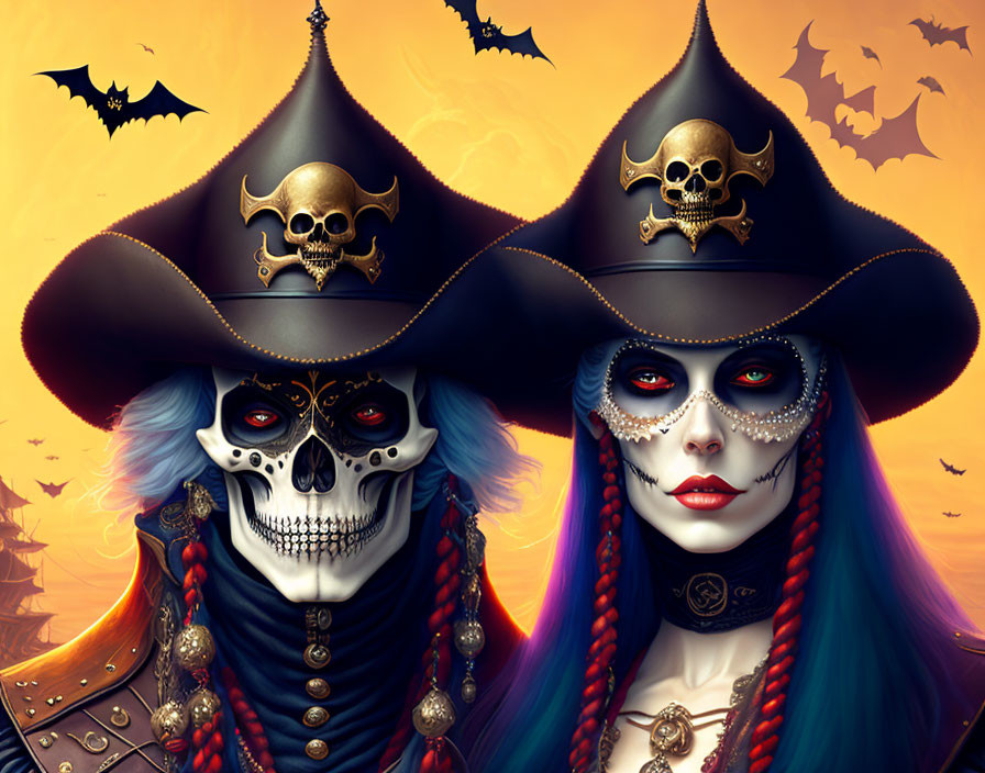 Pirate skeletons in elaborate outfits and hats on orange backdrop with bats