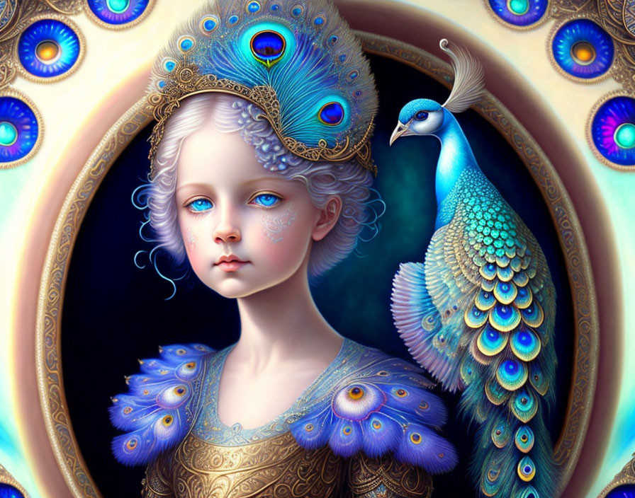 Digital Artwork: Girl with Peacock Feather Motifs and Matching Bird in Circular Frame