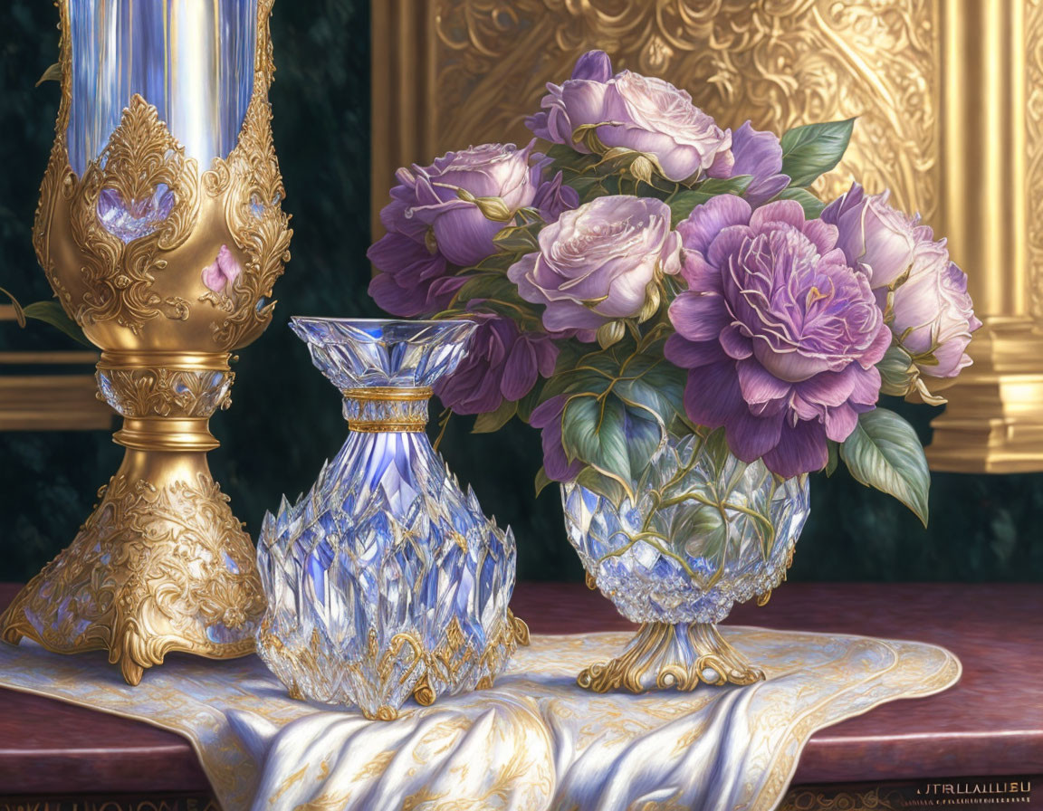 Purple flowers in blue crystal vase with gold accents on gilded background