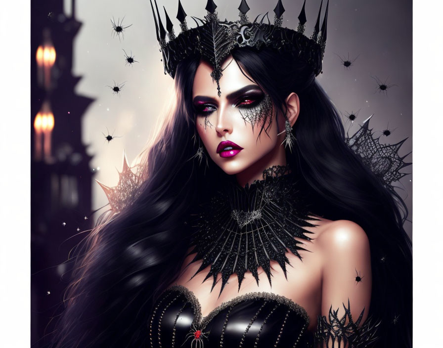 Dark Fantasy Queen with Spiked Crown and Gothic Outfit