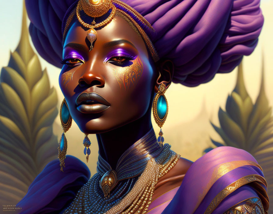 Digital illustration: Woman in purple headwrap with gold jewelry and face makeup on golden background